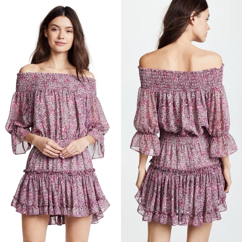 Misa Los Angeles Castellar Ruffle Pink Floral Off the Shoulder Mini Dress